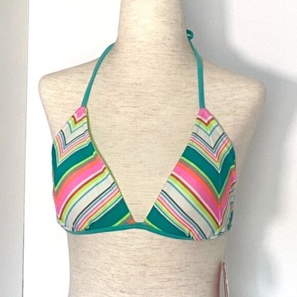 Reversible Triangle Bikini Swimsuit Halter Top Juniors Sz L Chevron Neon Green - Picture 1 of 16